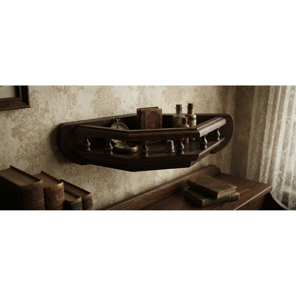 Vintage Dark Wood Corner Floating Shelf with Spindle Rail Gallery 14 Inch